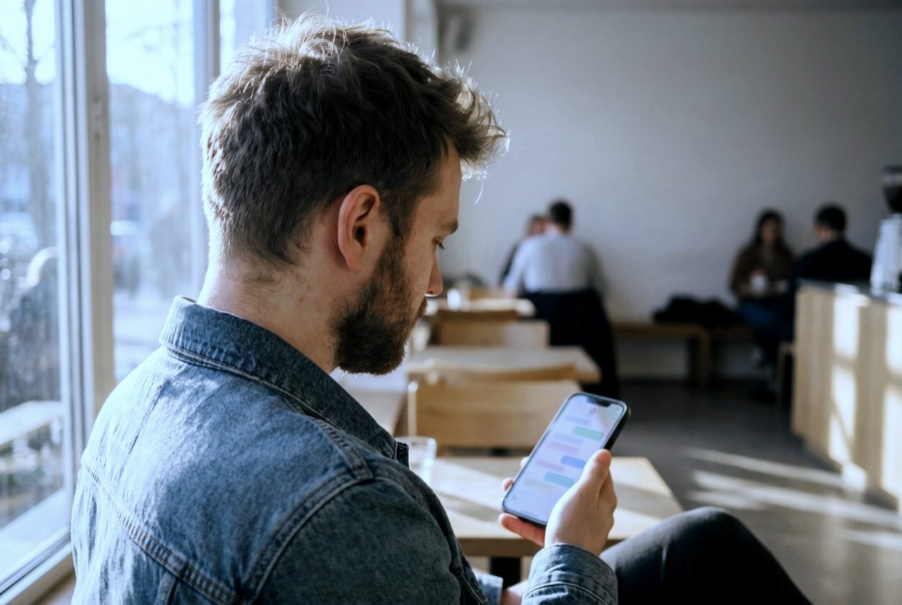 Person fragt KI-Chatbot im Café