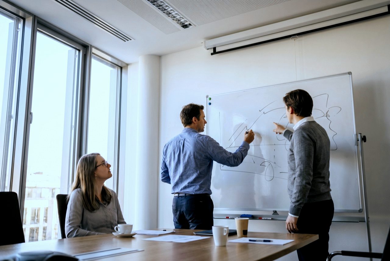Marketing-Team beim Whiteboard