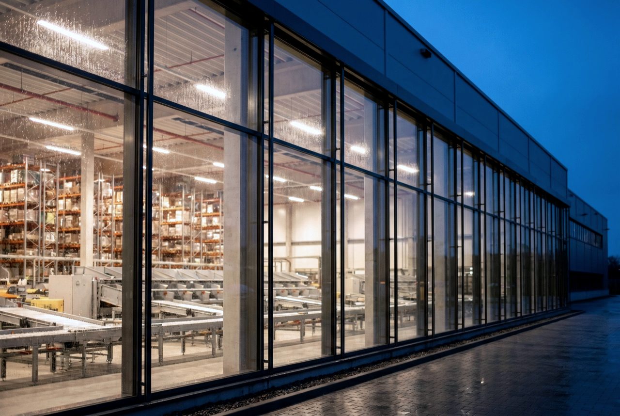Moderne Logistikhalle in der Abenddämmerung
