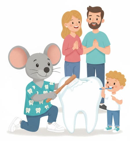 Familie mit Mama, Papa, Kind und Maus-Maskottchen putzt einen großen Zahn — Villa Wackelzahn Heidelberg